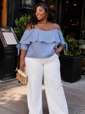 LOVE J BLUE & WHITE SEERSUCKER OFF THE SHOULDER TOP 3X